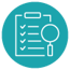 Clipboard with a list of checkmarks and spyglass on top if it icon