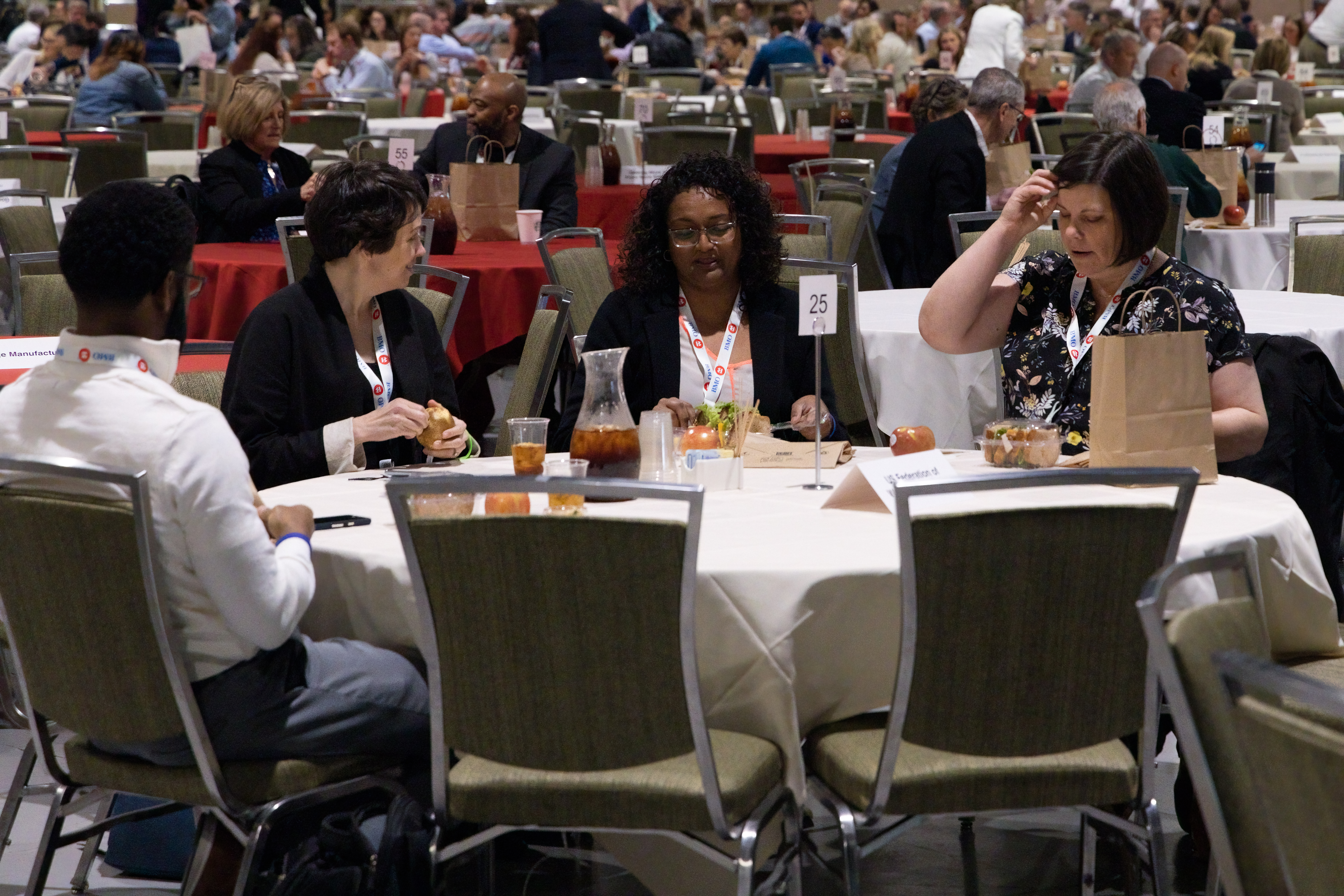 People at a table talking and networking at the NCEO 2022 Annual Conference.