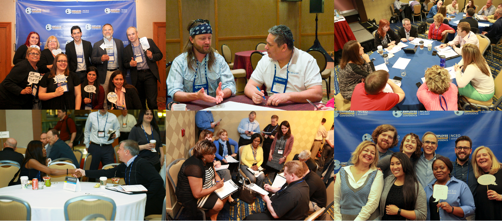 Photo collage of groups engaging in employee ownership celebration at the NCEO's conference. 